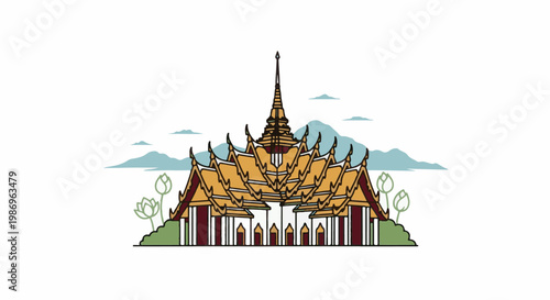 Ornate temple with layered golden roofs against misty mountains and lotus flowers