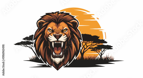 Roaring lion's head with sun and acacia trees in savanna