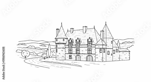 Ornate stone manor house with pointed towers and surrounding rolling hills