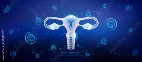 Translucent polygon uterus organ connected medical technology network icons. Cyborg human collaboration. Health care technology digital. Banner vector.