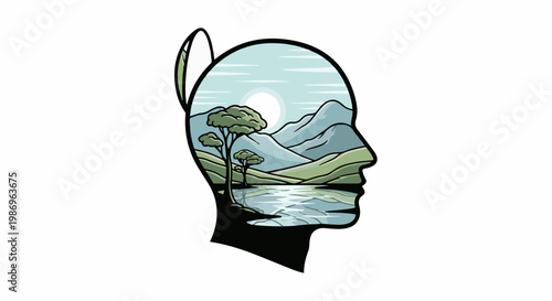 Profile silhouette containing serene landscape with mountains, lake, and trees