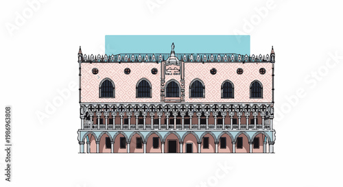 Ornate pink palace with intricate arches, windows, and detailed facade