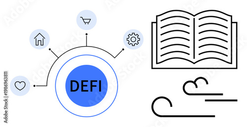 Finance, blockchain, education, technology, decentralized systems, financial innovation. Visual of DeFi surrounded by icons for home, shopping, and tools alongside an open book and minimal design