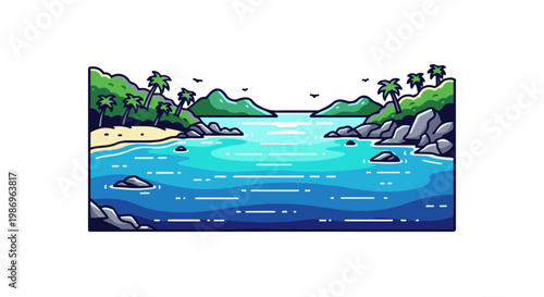 Pixelated tropical cove with palm trees, sandy beach, and clear blue water
