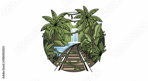 Railroad tracks disappearing into a lush jungle with a waterfall