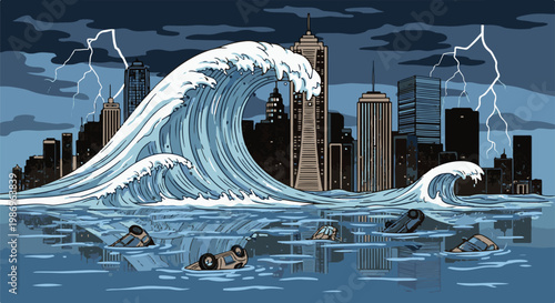 Pixelated tsunami engulfs city skyscrapers as lightning flashes