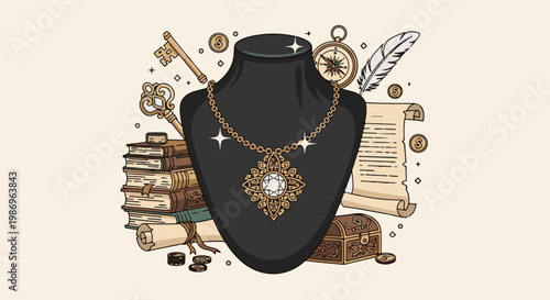 Ornate pendant on display with historical artifacts and treasure