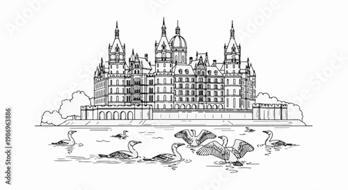 Ornate palace with domed towers sits beside a tranquil lake with swimming waterfowl