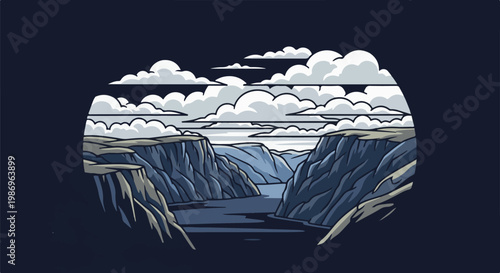 Pixelated view through a canyon to a serene, cloudy sky