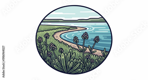 Pixelated coastal scene with flowering plants and distant hills