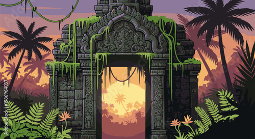 Pixelated jungle temple ruins at sunset with palm trees and vines