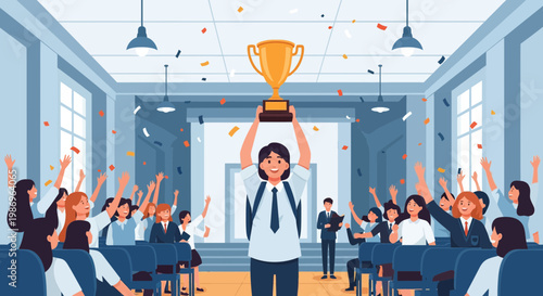 Students celebrate a winner holding a trophy during a school award ceremony in a large classroom with cheering classmates and teachers present