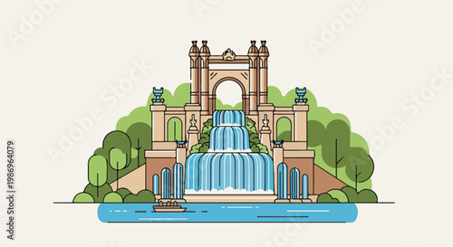 Ornate multi-tiered waterfall with an archway and surrounding trees