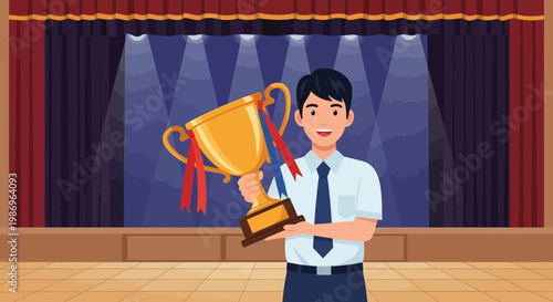 Student celebrates achievement at award ceremony while holding trophy on stage in front of curtains