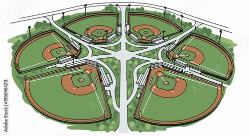 Overhead view of a baseball complex with six fields arranged radially around a central hub