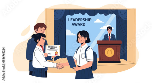 Students receive leadership awards during a ceremony in a school auditorium with a speaker at a podium