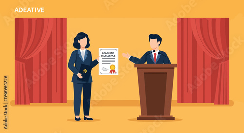 Award ceremony takes place with a speaker at a podium honoring a recipient with a certificate in a formal setting