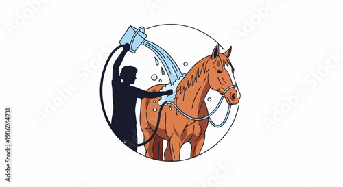 Person washes a brown horse with a bucket of water and soap