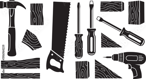 Black and white woodworking tools illustration set