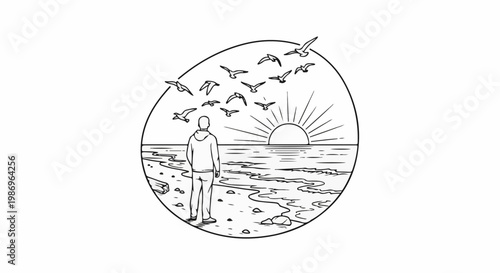 Person watching sunrise over ocean with birds flying
