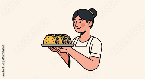 Person wearing apron holding tray with four delicious tacos