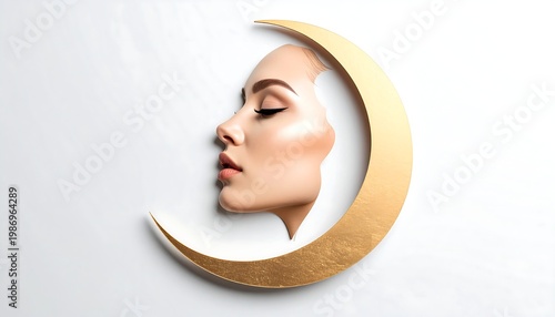 A serene portrait of a woman's profile is nested inside a crescent moon. The image exudes a sense of tranquility and beauty