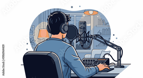 Person with headphones records in studio with microphone and soundboard