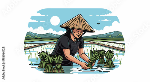 Person with conical hat working in a flooded rice paddy with mountains in background