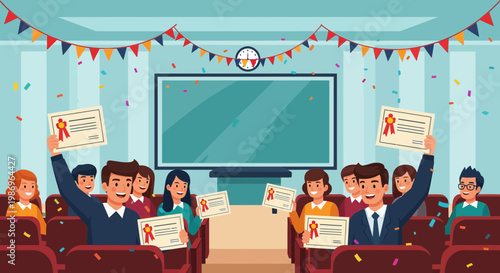 Celebration takes place in a classroom with students holding certificates and smiling during an award event