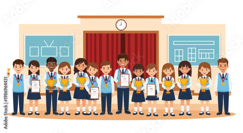 Students celebrate their achievements at a school event with trophies and certificates in a classroom setting
