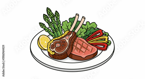 Plate of grilled lamb chops with asparagus, lemon, and sliced bell peppers