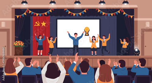 Students celebrate a performance in a school auditorium during a competition event in the afternoon