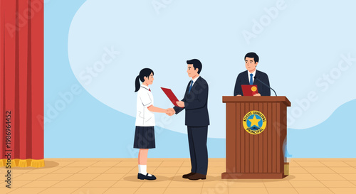 Student receives award at school ceremony in auditorium during daytime in front of audience and officials