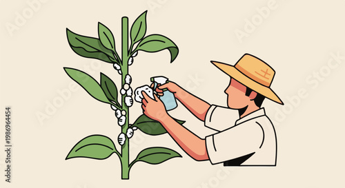 Person with straw hat sprays plant with white insects
