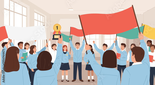Students celebrate after winning a competition in a school hall with flags and a trophy held high