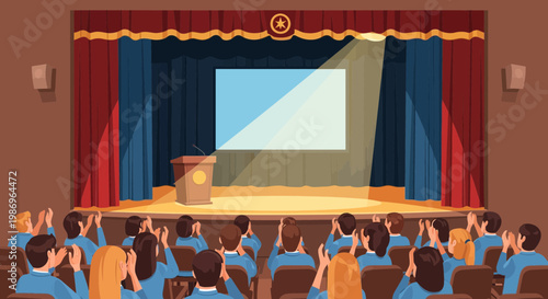 Audience claps during presentation on stage with a projector screen at a conference in a large room