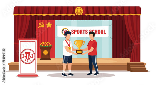 Students receive trophy at sports school ceremony in a decorated hall