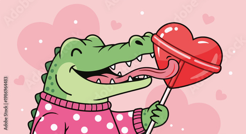 Playful alligator in a polka-dot sweater enjoys a red heart lollipop