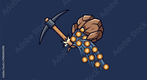 Pickaxe breaks rock, releasing flow of golden digital coins
