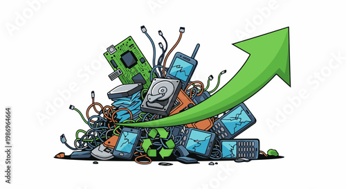 Pile of discarded electronics with a green arrow pointing upwards