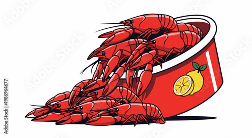 Pile of red crawfish spilling from a red bowl with a lemon slice