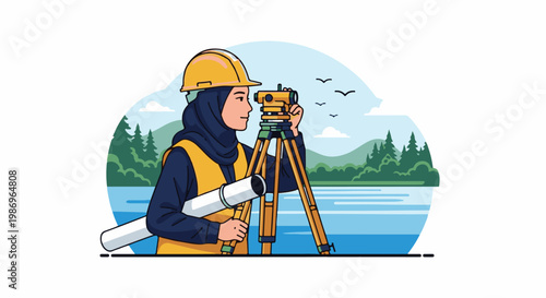 Person in hard hat and hijab uses surveying equipment near water