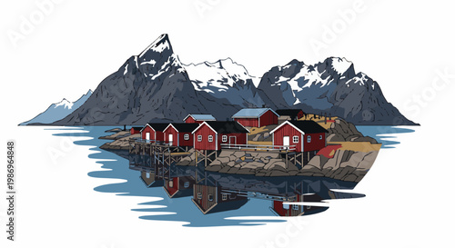 Pixelated fishing village with red cabins and snowy mountains
