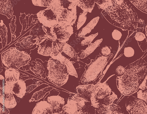 Seamless dark burgundy floral grunge pattern. Distressed dusty pink stamped botanical background. Moody textured rose textile design.