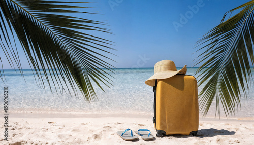 The concept of a beach vacation. A suitcase on the beach