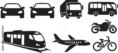 Transportation modes and vehicles in black silhouette style
