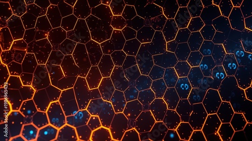 Hexagonal grid glows, vibrant orange transitions to deep blue. Digital network, complex pattern, futuristic aesthetic. Particles float within structure.