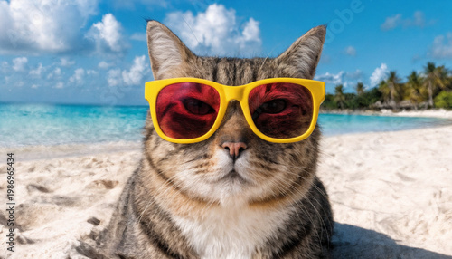 A cat is relaxing on the beach