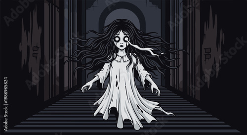 Pixelated ghost girl with flowing hair in a dark hallway