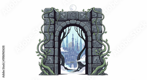 Pixel art archway reveals a distant, snow-covered city under a pale moon